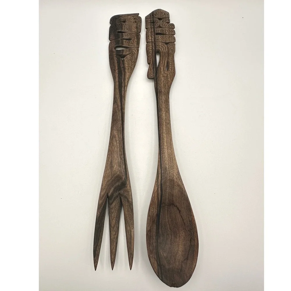 Vintage Teak Wooden Serving Utensils Hand Carved Tribal Salad Fork Spoon Set
